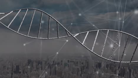Animation-of-dna-structure-spinning-over-network-of-connections-against-aerial-view-of-cityscape