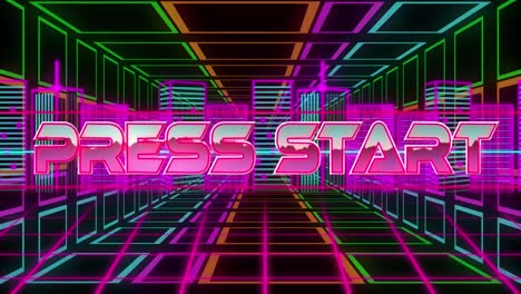 Animation-of-press-start-over-digital-space-with-metaverse-city-and-neon-squares