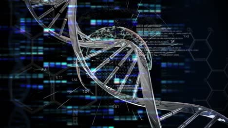 Animation-of-dna-structures-and-and-globe-spinning-against-blue-mosaic-squares-on-black-background