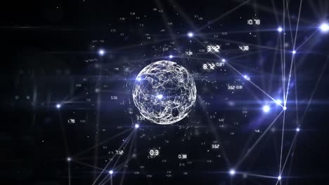 Animation-of-glowing-network-of-connections-over-spinning-globe-against-black-background