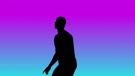 Video-of-black-silhouette-of-male-soccer-player-kicking-ball-on-blue-to-purple-background