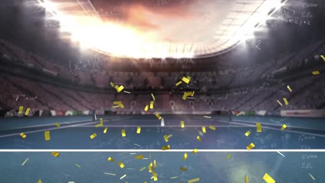 Animation-of-mathematical-equations-and-golden-confetti-falling-against-sports-stadium