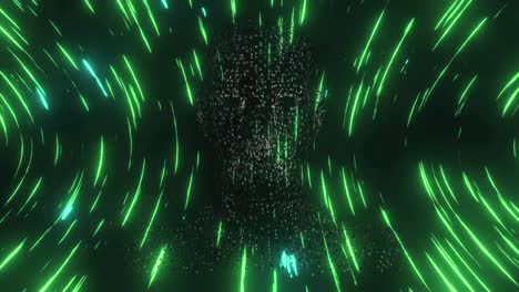 Animation-Von-Grün-Leuchtenden-Lichtspuren-über-Einem-Menschlichen-Kopfmodell-Vor-Schwarzem-Hintergrund