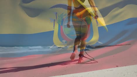 Animation-of-flag-of-ecuador-over-african-american-woman-with-surfboard-on-beach