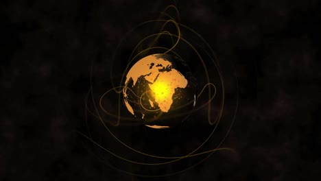 Animation-of-golden-light-trails-over-spinning-globe-against-black-background