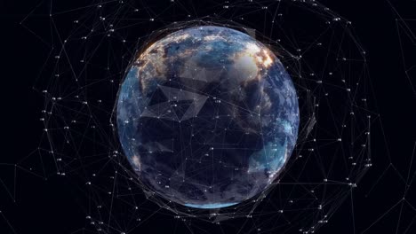 Animation-of-network-of-connections-over-spinning-globe-against-black-background