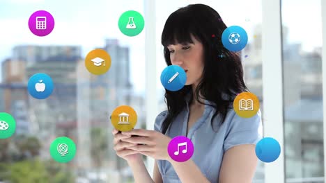 Animation-of-colorful-icons-over-caucasian-woman-using-smartphone