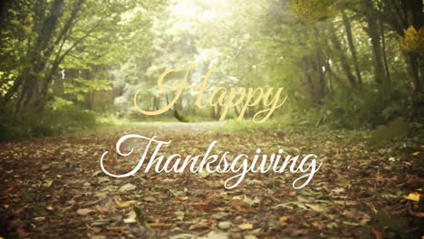 Animation-of-happy-thanksgiving-text-with-autumn-leaves-over-trees-in-park