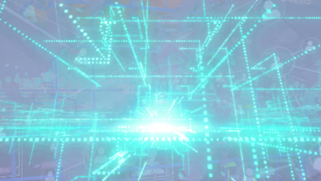Animation-Leuchtend-Grüner-Lichtspuren-über-Datenverarbeitung-Und-Weltkarte-Vor-Grauem-Hintergrund