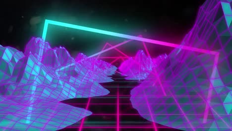 Animation-Von-Neonformen-über-Digitalen-Bergen-Auf-Schwarzem-Hintergrund