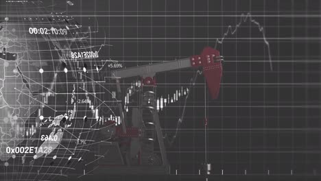 Animation-of-globe-and-financial-data-processing-with-graph-over-pumpjack-on-black-background
