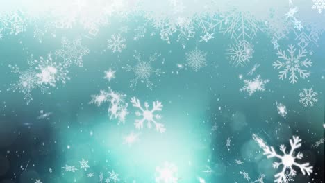 Animation-Von-Schnee,-Der-Zu-Weihnachten-über-Helle-Flecken-Auf-Blauem-Hintergrund-Fällt
