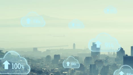 Animation-of-multiple-cloud-icons-with-increasing-percentage-against-aerial-view-of-cityscape