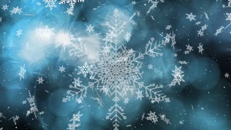 Animation-of-snow-falling-over-light-spots-on-blue-background-at-christmas