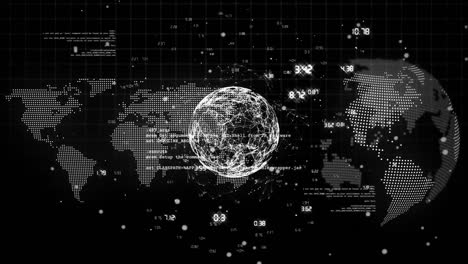 Animation-of-data-processing-over-spinning-globe-and-world-map-against-black-background