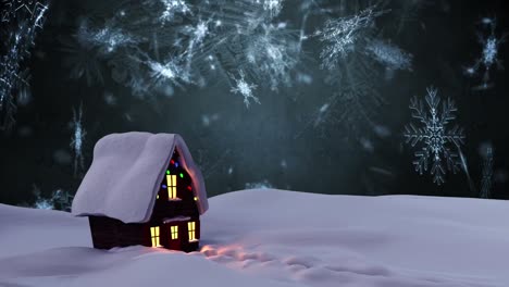 Animation-Von-Schnee,-Der-Zu-Weihnachten-über-Haus-Und-Winterlandschaft-Fällt