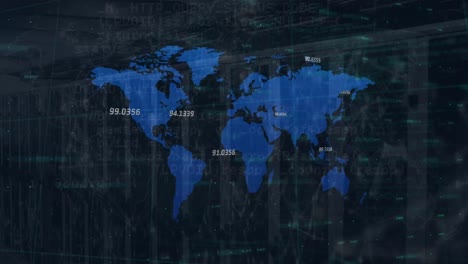 Animation-Der-Finanzdatenverarbeitung-über-Der-Weltkarte-Vor-Leerem-Computerserverraum