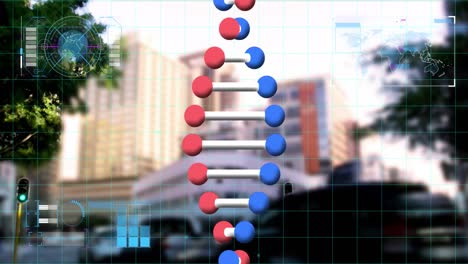 Animation-Des-Scope-Scannens-Mit-Datenverarbeitung-Und-DNA-Strang-über-Dem-Stadtbild