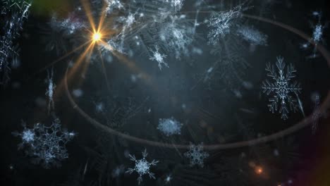 Animation-Von-Schnee,-Der-Zu-Weihnachten-über-Lichtspuren-Auf-Schwarzem-Hintergrund-Fällt