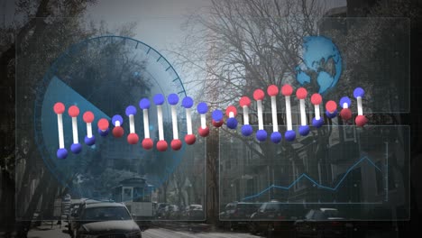 Animation-of-data-processing-and-dna-strand-over-cityscape