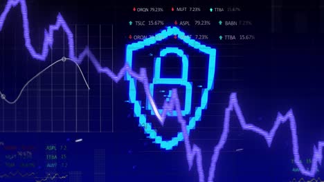 Animation-of-financial-data-processing-with-graph-and-padlock-icon-on-blue-background