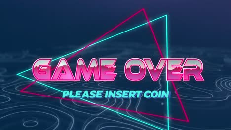 Animation-of-game-over-please-insert-coin-text-over-white-lines-on-blue-background