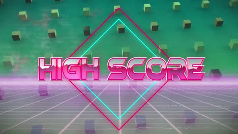 Animation-of-high-score-text-over-squares-and-lines-on-green-background