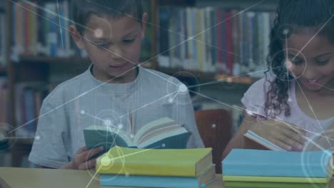Animation-of-network-of-profile-icons-over-diverse-boy-and-girl-studying-in-the-library-at-school