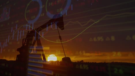 Animation-of-financial-data-processing-with-graph-over-pumpjack-on-black-background