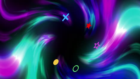 Animation-of-colorful-shapes-over-light-trails-on-black-background