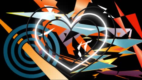 Animation-of-neon-heart-over-shapes-on-black-background
