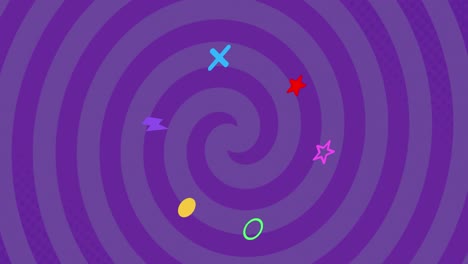 Animation-of-colorful-shapes-over-spiral-on-purple-background