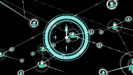 Animation-of-network-of-connections-with-icons-over-moving-clock-on-black-background