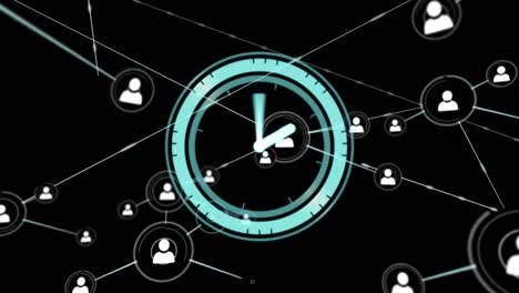 Animation-of-neon-ticking-clock-over-network-of-profile-icons-against-black-background