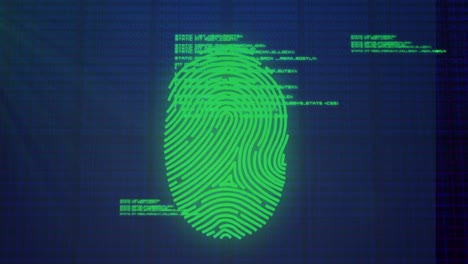 Animation-of-data-processing-over-fingerprint-icon-on-blue-background