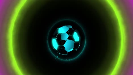 Animation-Des-Digitalen-Fußballs-über-Neonkreisen-Auf-Schwarzem-Hintergrund
