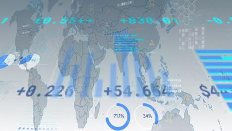 Animation-of-financial-data-processing-with-world-map-on-grey-background