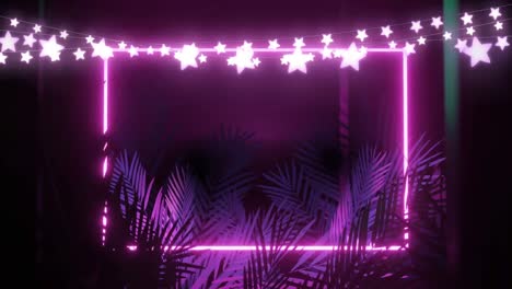 Animation-of-star-string-lights-and-pink-neon-rectangle,-with-palm-leaves-on-black-background