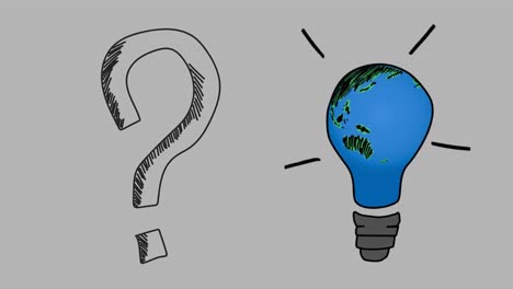 Animation-of-question-mark-and-lightbulb-with-globe-on-grey-background