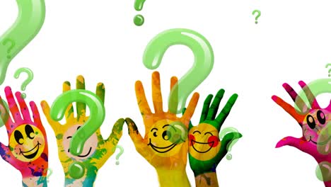Animation-of-question-marks-over-hands-with-emoji-icons-on-white-background