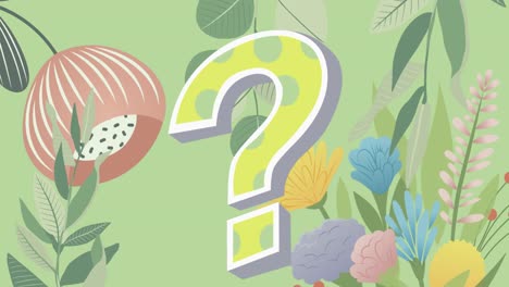 Animation-of-question-mark-over-plants-and-flowers-on-green-background