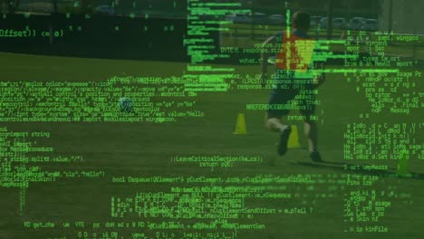 Animation-of-data-processing-over-diverse-male-soccer-players-exercising