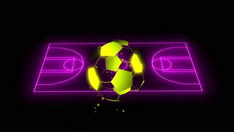 Animation-Des-Digitalen-Fußballs-über-Neonstadion-Auf-Schwarzem-Hintergrund