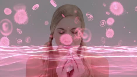Animation-of-virus-cells-over-caucasian-woman-sneezing