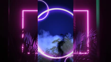Animation-of-pink-neon-square-divided-by-blue-neon-ring,-with-palm-leaves-on-black-background