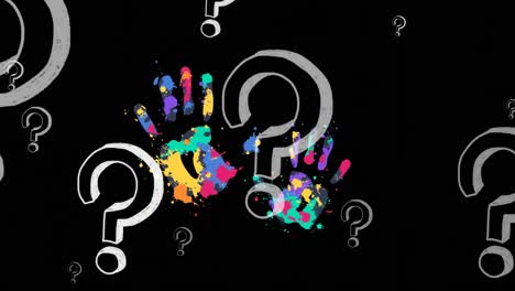 Animation-of-question-marks-over-handprints-on-black-background