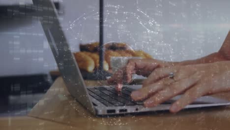 Animation-of-globe-of-network-of-connections-over-mid-section-of-a-woman-using-laptop-at-home