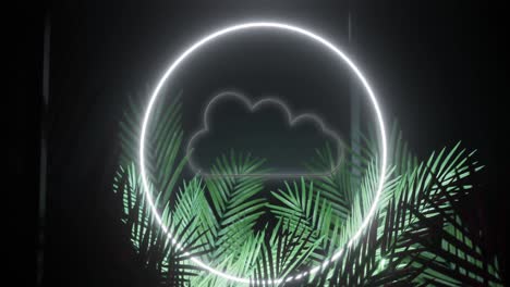 Animation-Des-Wolkensymbols-über-Neonform-Und-Blättern-Auf-Schwarzem-Hintergrund