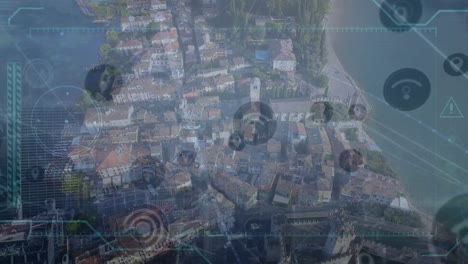 Animation-Der-Datenverarbeitung-Und-Des-Netzwerks-Von-Verbindungen-Mit-Symbolen-über-Dem-Stadtbild