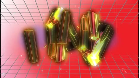 Animation-Von-Goldenen-Kristallen,-Die-Sich-über-Ein-Gitternetz-Vor-Rotem-Hintergrund-Mit-Farbverlauf-Bewegen